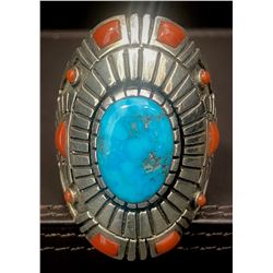 Beautiful Turquoise and Coral Ring by Navajo Jeweler Michael Perry