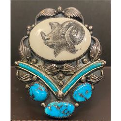 Bracelet with Scrimshaw and Turquoise by C. Manning Navajo Artist