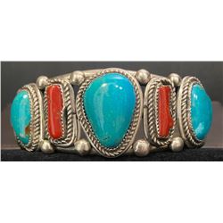 Battle Mountain Turquoise and Coral Bracelet by Gilbert Lee