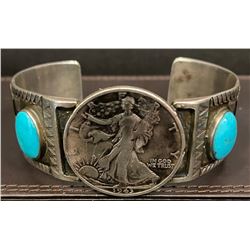 1950's Bracelet using a 1943 Liberty Half Dollar and Sleeping Beauty Turquoise