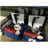 Image 2 : BLUE FOLDING WATER BIN OF ASSORTED CAMPING ITEMS, LANTERNS, HATCHET & CUTLERY