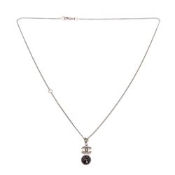 Chanel Silvertone CC Black Dangle Necklace