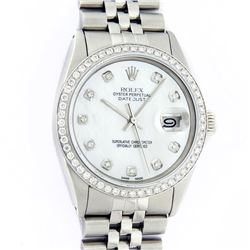 Rolex Mens Stainless Steel Mother Of Pearl Diamond 36MM Datejust Wristwatch With