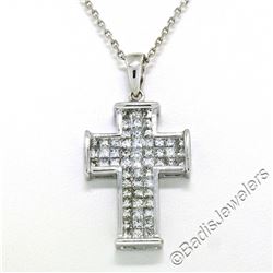 18kt White Gold 1.31 ctw Invisible Set Princess Cut Diamond Cross Pendant Neckla