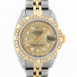 Rolex Ladies 2 Tone Yellow Gold Champagne Diamond Lugs & Pyramid Datejust Wriswa