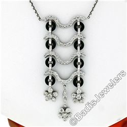 18kt White Gold 1.15 ctw Black Onyx and Diamond Flower Dangle Pendant Necklace