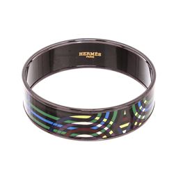 Hermes Black Multicolor Enamel Black Plated Bangle Bracelet