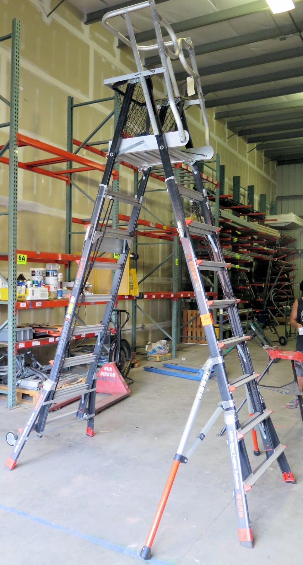 Little Giant Ladder System Safety Cage Platform Ladder (damaged outrigger clamp, needs repair)