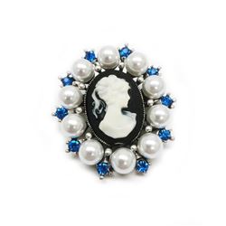 Blue Rhinestone And White Pearl Cameo Broach
