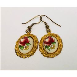 Ladies Vintage Hand Painted Floral Earrings Mounted In 18K Gold Plated Backing