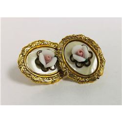 Ladies Vintage Hand Crafted Porcelain Earrings Mounted On Mother Of Pearl, With An 18K Gold Plated B