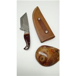 8" Straight Point Damascus Blade With Beautiful Rosewood Handle Laid With Bronze Rings