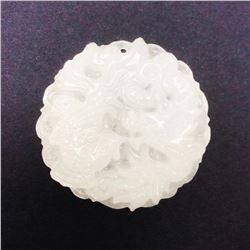 Asian White Jade Carved Peacock Dragon Medallion