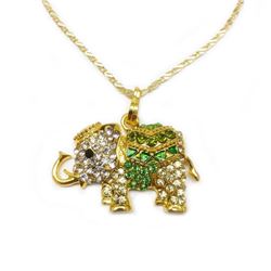 Bejeweled Green & Gold Rhinestone Ganesh Chaturthi Elephant Pendant Paired With Necklace Marked 18KG