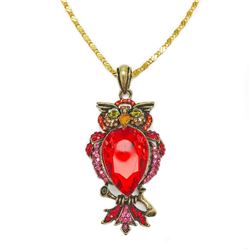 Bejeweled Red Rhinestone Enchanted Owl Pendant Paired With Necklace Marked 18KGP