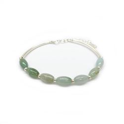 925 Sterling Silver Natural Oval Green Jade Bangle
