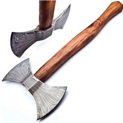CRUSADERS Hand Made Damascus Steel Forged Double Head WAR Axe With Rose Wood Handle