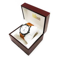 Edison Black Slate Gloss Finish & Genuine Leather Band Watch