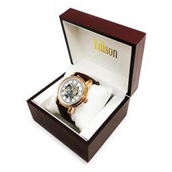 Edison Mens Rose Gold Gloss Finish & Genuine Leather Band Skeleton Watch