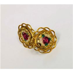 Ladies Hand Embroidered Floral Earrings Mounted In An 18K Gold Plated Encasement