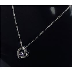 Sterling Silver Purple Rhinestone Heart Pendant Paired With 925 Twist Link Necklace