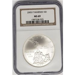 2005 P MARINES SILVER DOLLAR NGC MS69