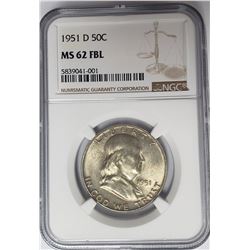 1951-D 50C Franklin Half Dollar NGC MS62 FBL