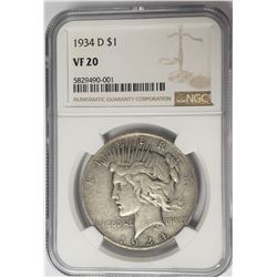 1934-D $1 Peace Silver Dollar NGC VF20