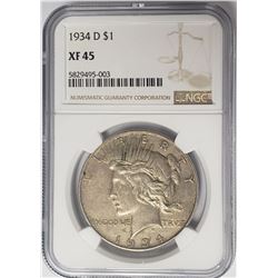 1934-D $1 Peace Silver Dollar NGC XF45