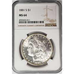 1881-S Morgan Silver Dollar $ NGC MS 64 Blast Whit