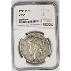 1934-D Peace Dollar $1 NGC VF30
