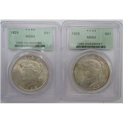 2-PCGS 1925 PEACE DOLLARS