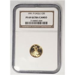 1991 P $5 GOLD EAGLE NGC PF69 ULTRA CAMEO