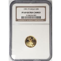 1991 P $5 GOLD EAGLE NGC PF69 ULTRA CAMEO