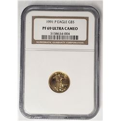 1991 P $5 GOLD EAGLE NGC PF69 ULTRA CAMEO