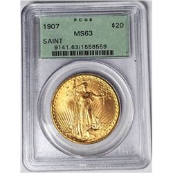 1907 $20 ST GAUDENS GOLD PCGS MS63