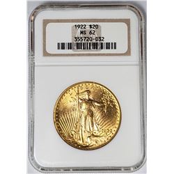 1922 $20 ST GAUDENS GOLD NGC MS62