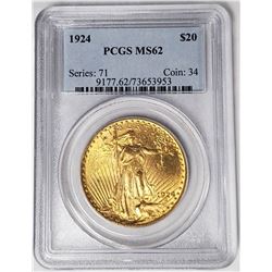 1924 $20 ST GAUDENS GOLD PCGS MS62