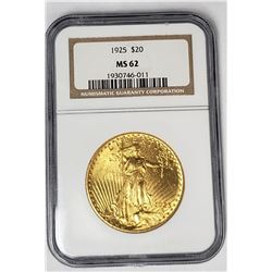 1925 $20 ST GAUDENS GOLD NGC MS62