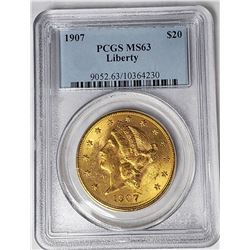 1907 $20 LIBERTY GOLD PCGS MS63