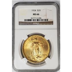 1924 $20 ST GAUDENS GOLD NGC MS66