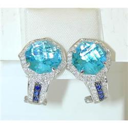 4486 14k White Gold Blue Toapz Earrings w/Dia/Sap