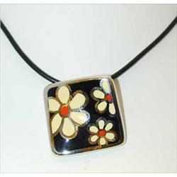 9576 MENEGATTI Silver/Enamel Pendant w/Leather Necklace
