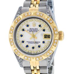Rolex Ladies 2 Tone Yellow Gold MOP Sapphire & Pyramid Diamond Datejust Wriswatc