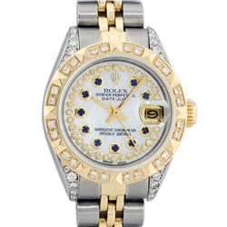 Rolex Ladies 2 Tone Yellow Gold MOP Sapphire & Pyramid Diamond Datejust Wriswatc