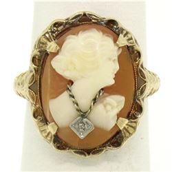 Antique Art Deco 10k Yellow Gold Filigree Shell Cameo Ring w/ Rose Cut Diamond