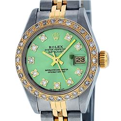 Rolex Ladies 2 Tone Yellow Gold Green VS Diamond Datejust Wristwatch