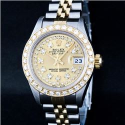 Rolex Ladies 2 Tone Yellow Gold 18K Gold Bezel Champagne String Diamond Datejust