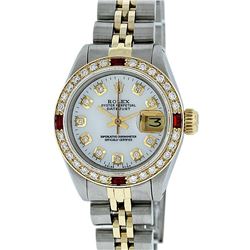 Rolex Ladies 2 Tone Yellow Gold MOP Diamond & Ruby Datejust Wristwatch