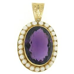 Vintage 14kt Yellow Gold Oval Amethyst and Pearl Halo Pendant